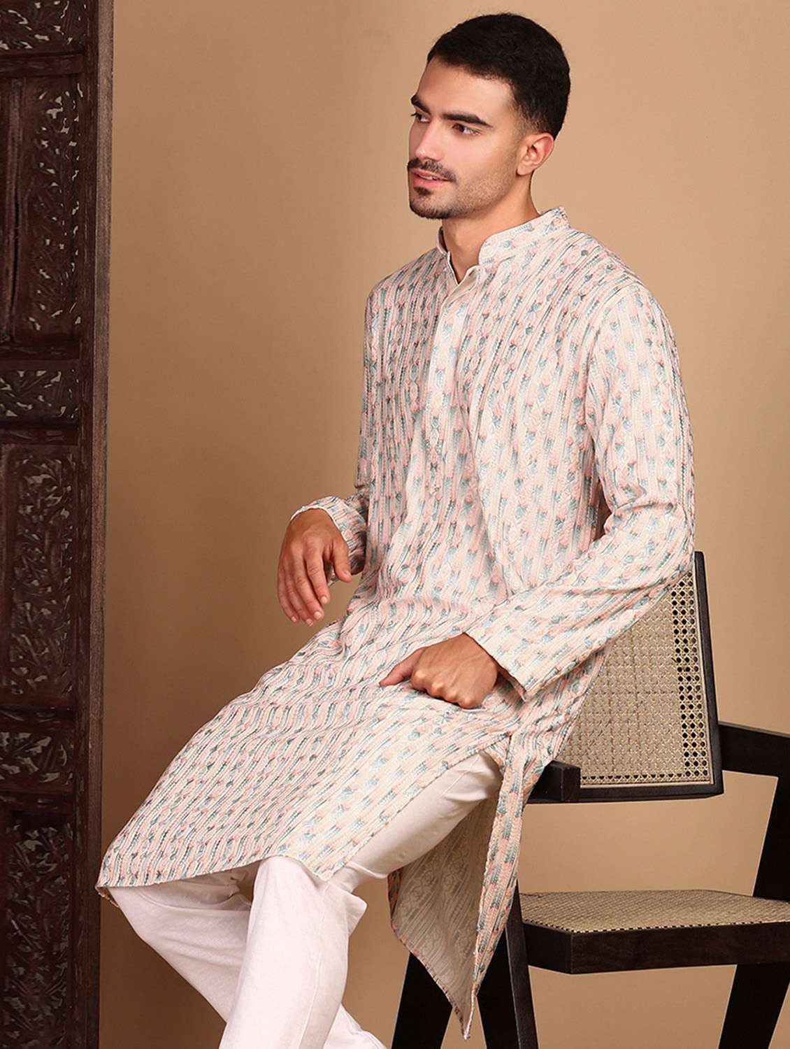 men printed mandarin neck long kurta - 22374603 -  Standard Image - 2