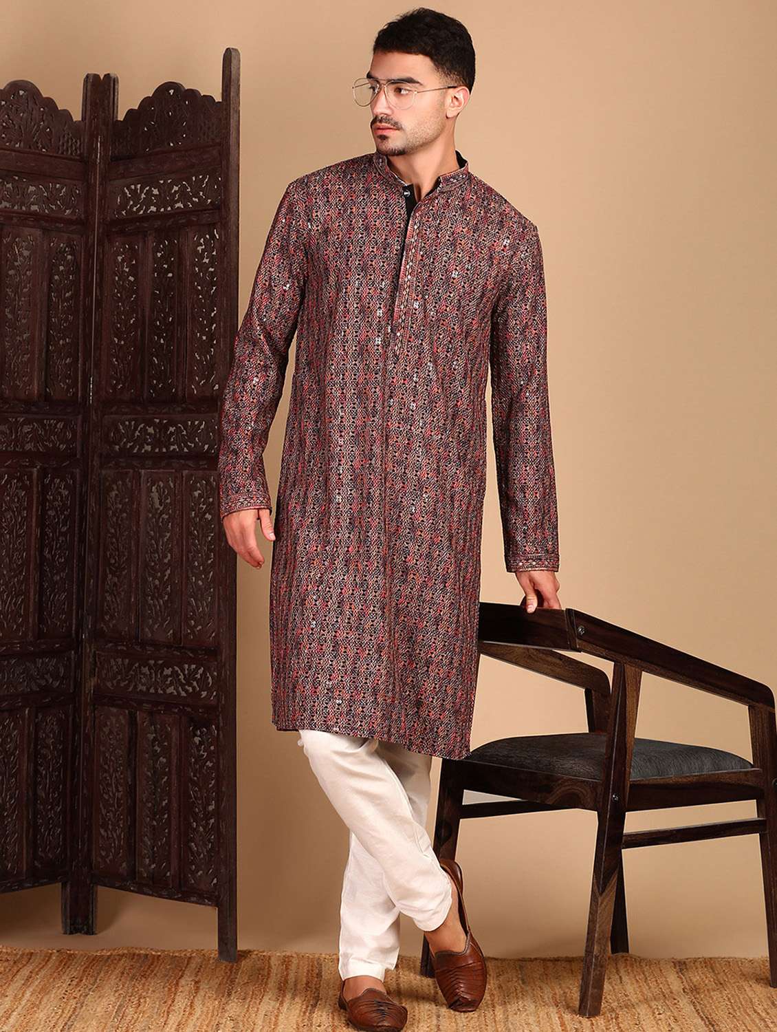 men printed mandarin neck long kurta - 22374604 -  Standard Image - 2