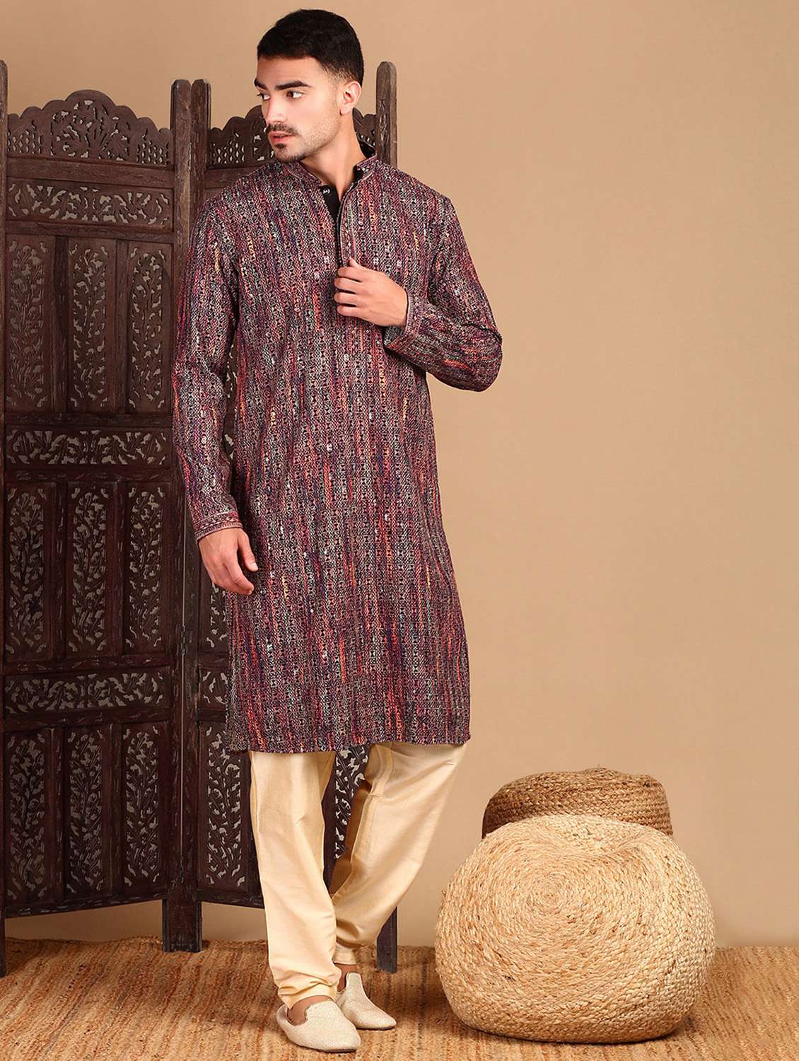 men self design long sleeve kurta - 22374608 -  Standard Image - 2