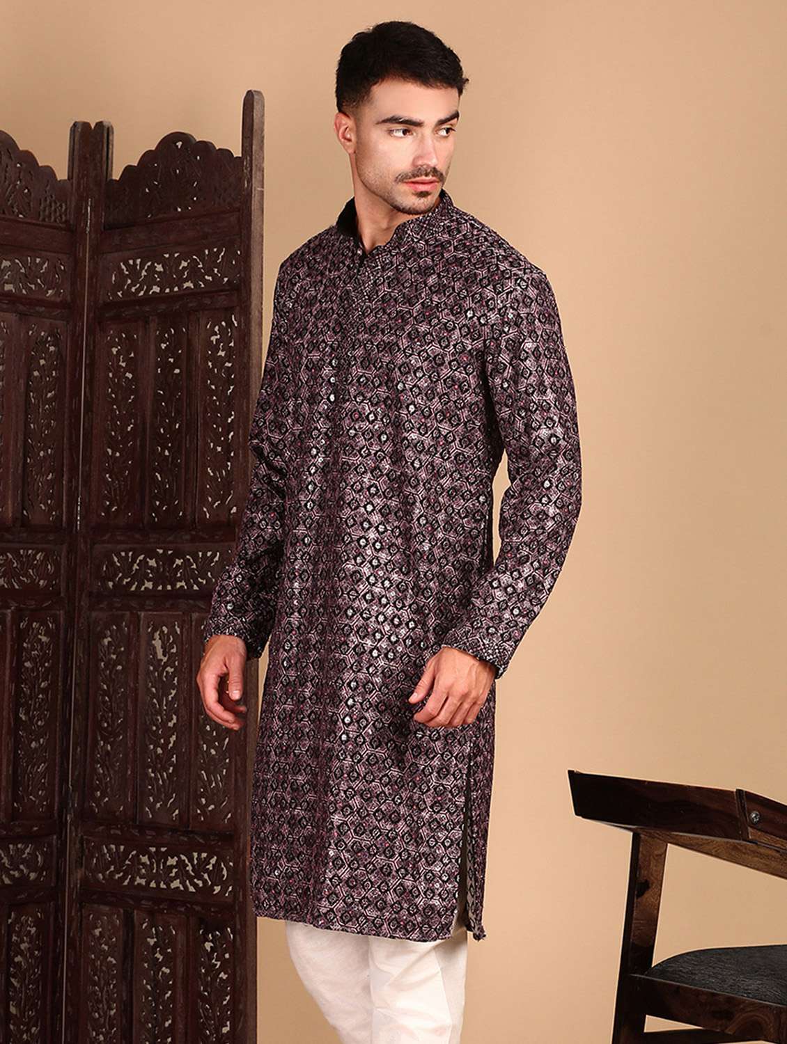 men printed mandarin neck long kurta - 22374627 -  Standard Image - 2