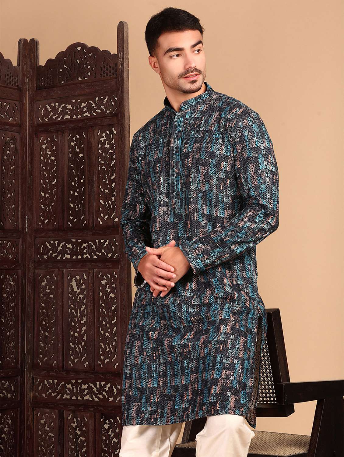 men printed mandarin neck long kurta - 22374636 -  Standard Image - 2