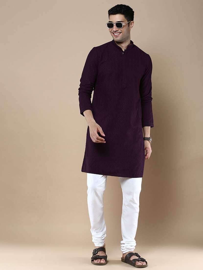 purple self design cotton kurta pyjama set - 22375460 -  Standard Image - 2
