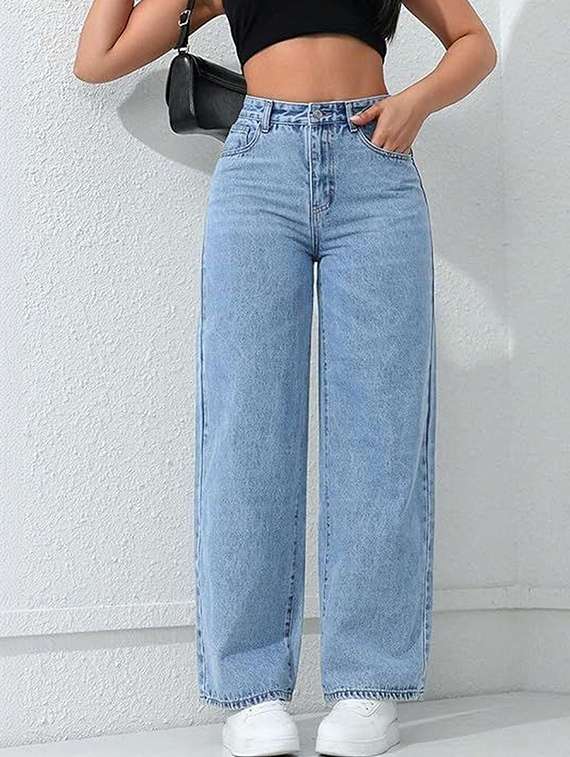 women solid high rise wide leg jeans
