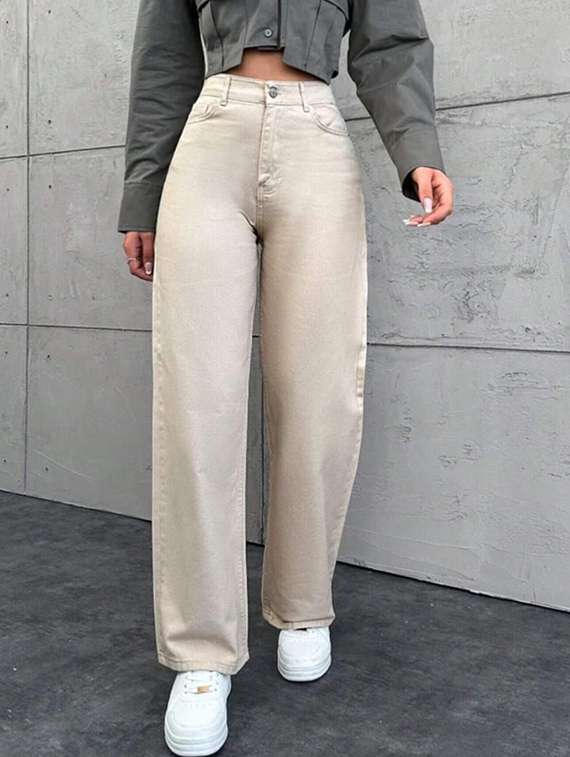 women solid high rise straight jeans