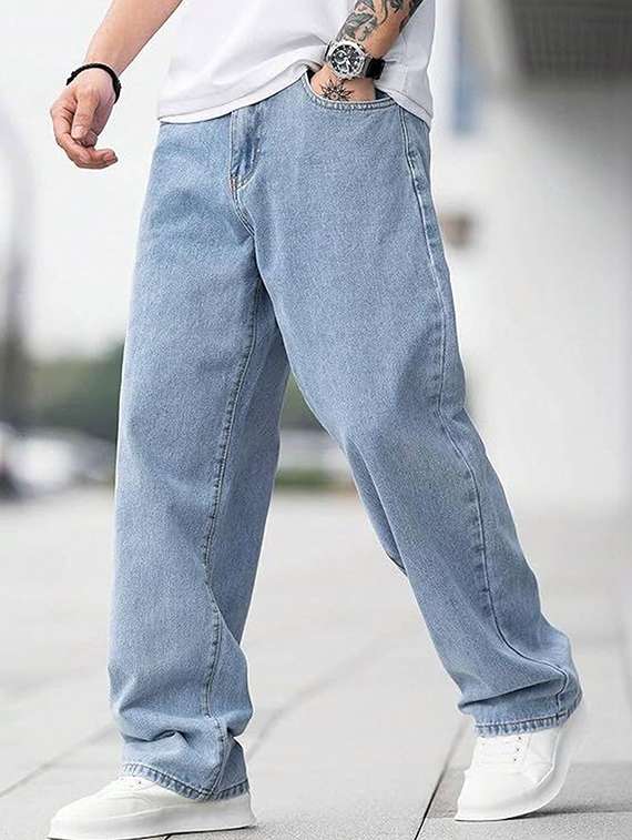men solid mid rise baggy jeans