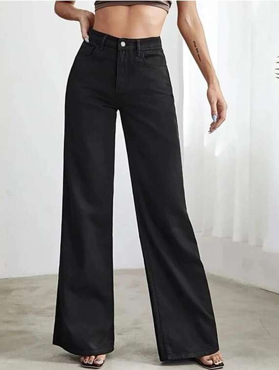 women solid high rise wide leg jeans