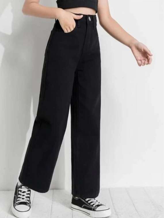 women solid high rise wide leg jeans