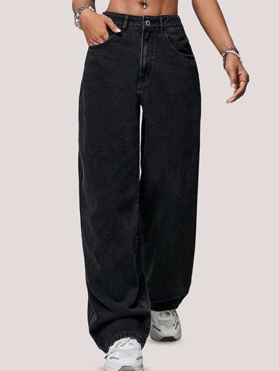 women solid high rise baggy jeans