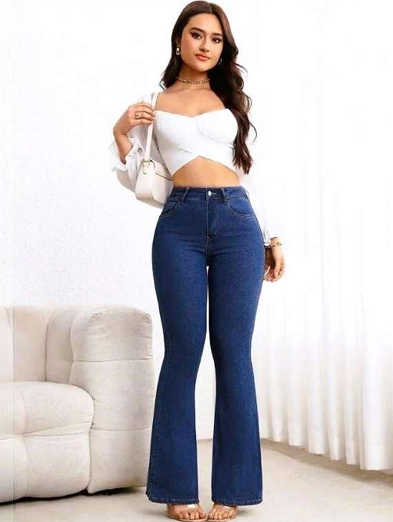 women solid high rise bootcut jeans