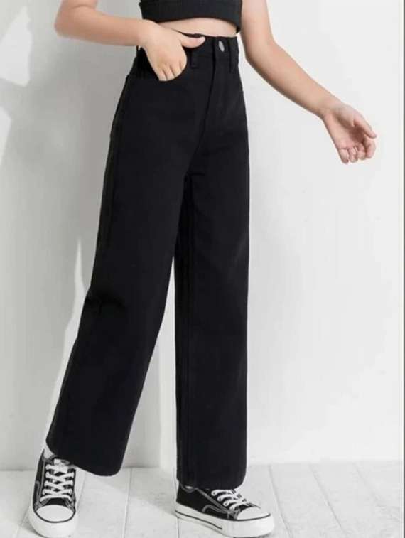 women solid high rise wide leg jeans