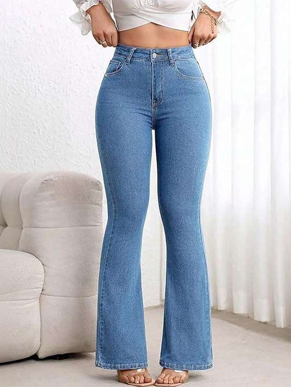 women solid high rise bootcut jeans