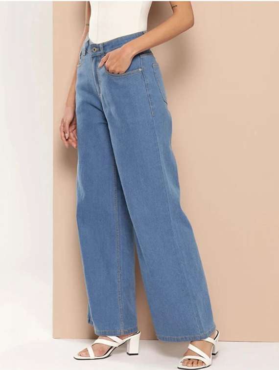 women solid high rise wide leg jeans