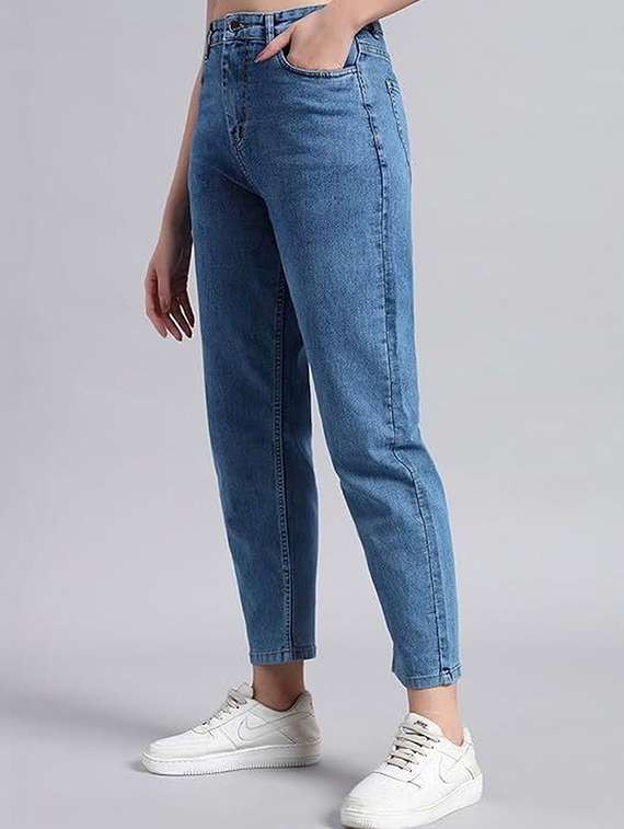 women solid high rise mom fit jeans