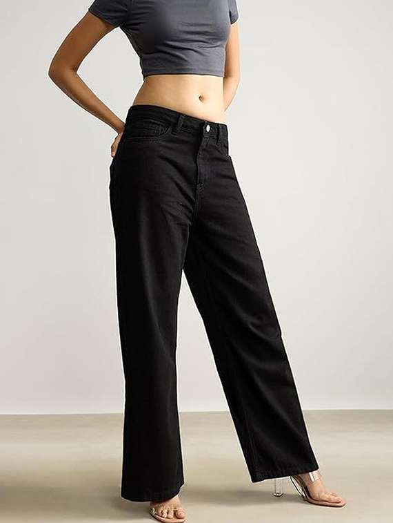 women solid high rise wide leg jeans