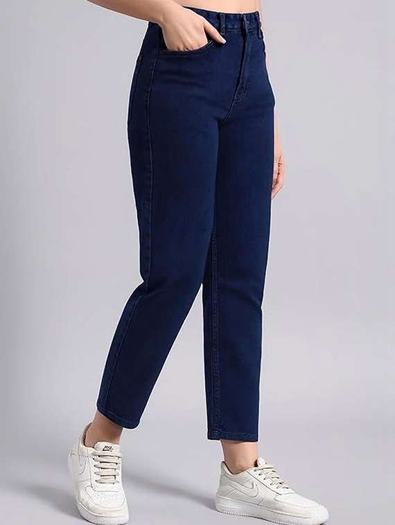 women solid high rise mom fit jeans