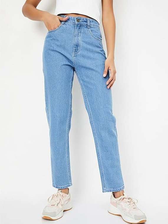 women solid high rise mom fit jeans