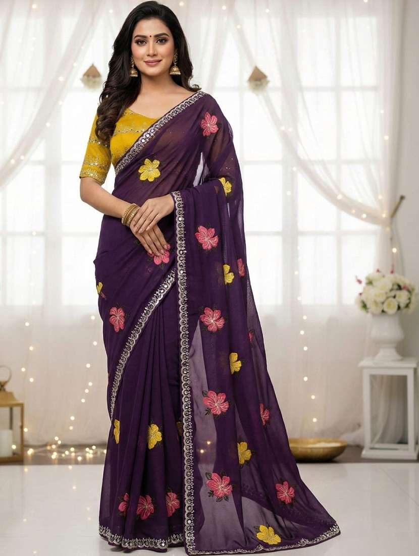 women solid with bordered saree with blouse