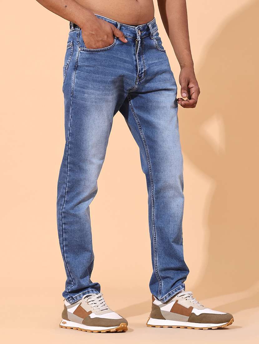 men washed mid rise full length slim fit jeans