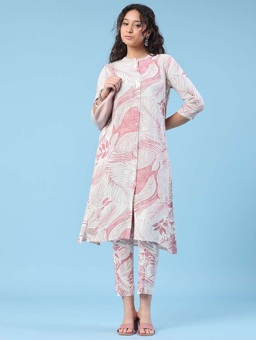 women printed mandarin neck ethnic co-ord set