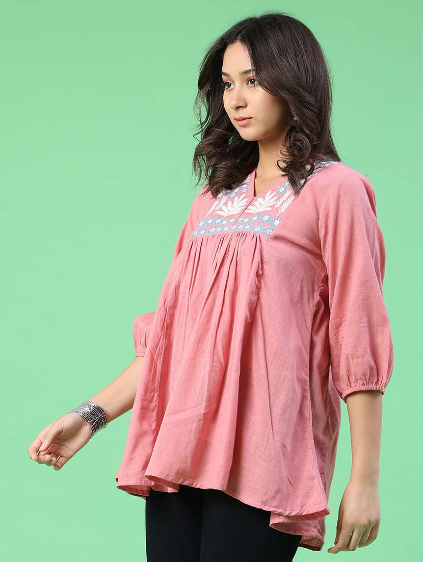 women embroidered three quarter sleeves flared top - 22376945 -  Standard Image - 2