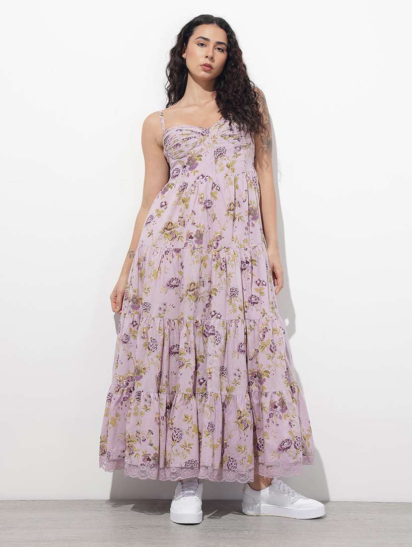 women printed shoulder strap tiered dress