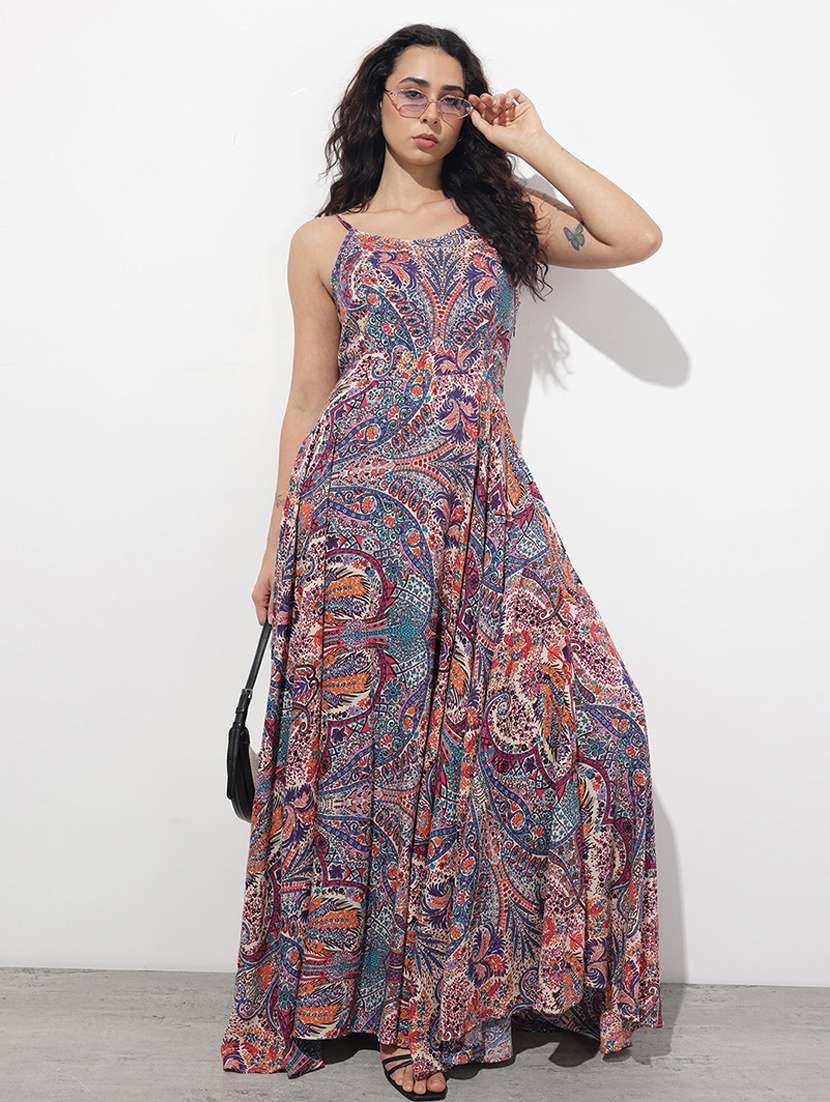 women printed shoulder strap fit & flared dress