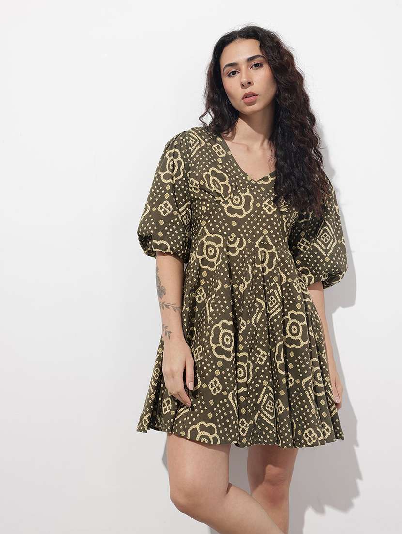women printed puff sleeve fit & flare dress