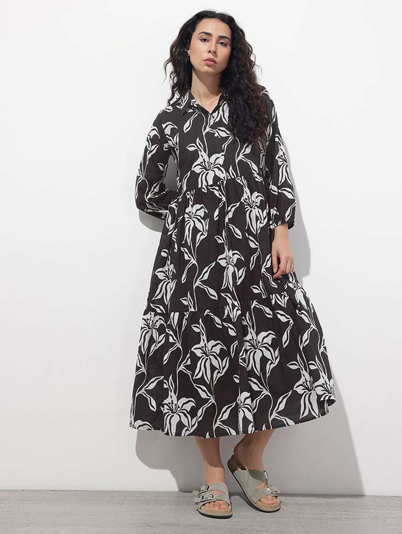 women printed long sleeve tiered dress