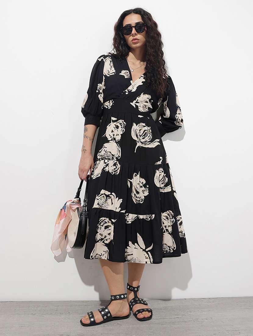 women printed puff sleeve tiered dress - 22376972 -  Standard Image - 2