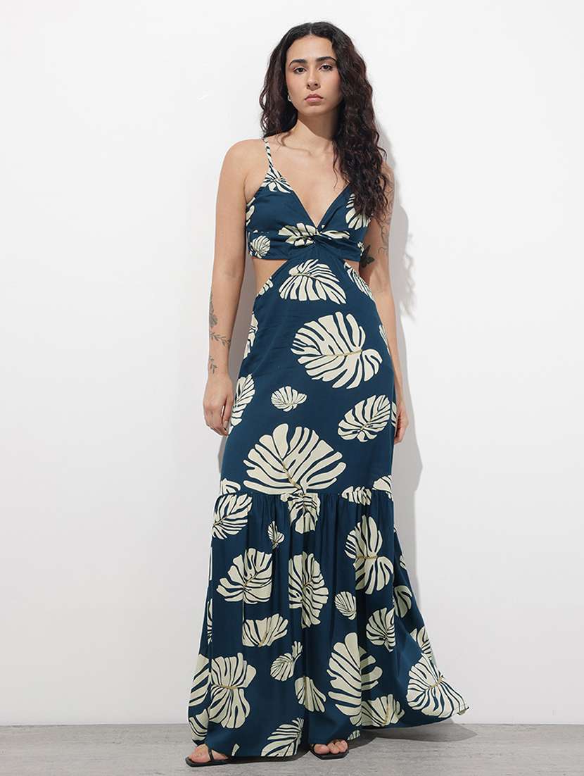 women printed shoulder strap tiered dress