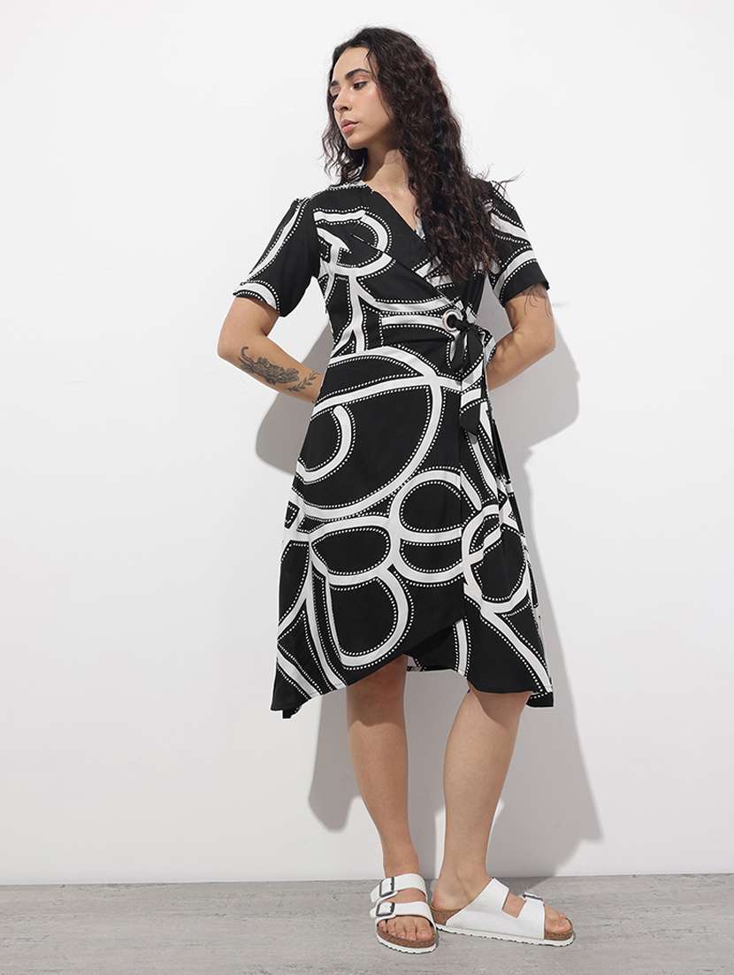 women printed puff sleeve wrap dress - 22376985 -  Standard Image - 2