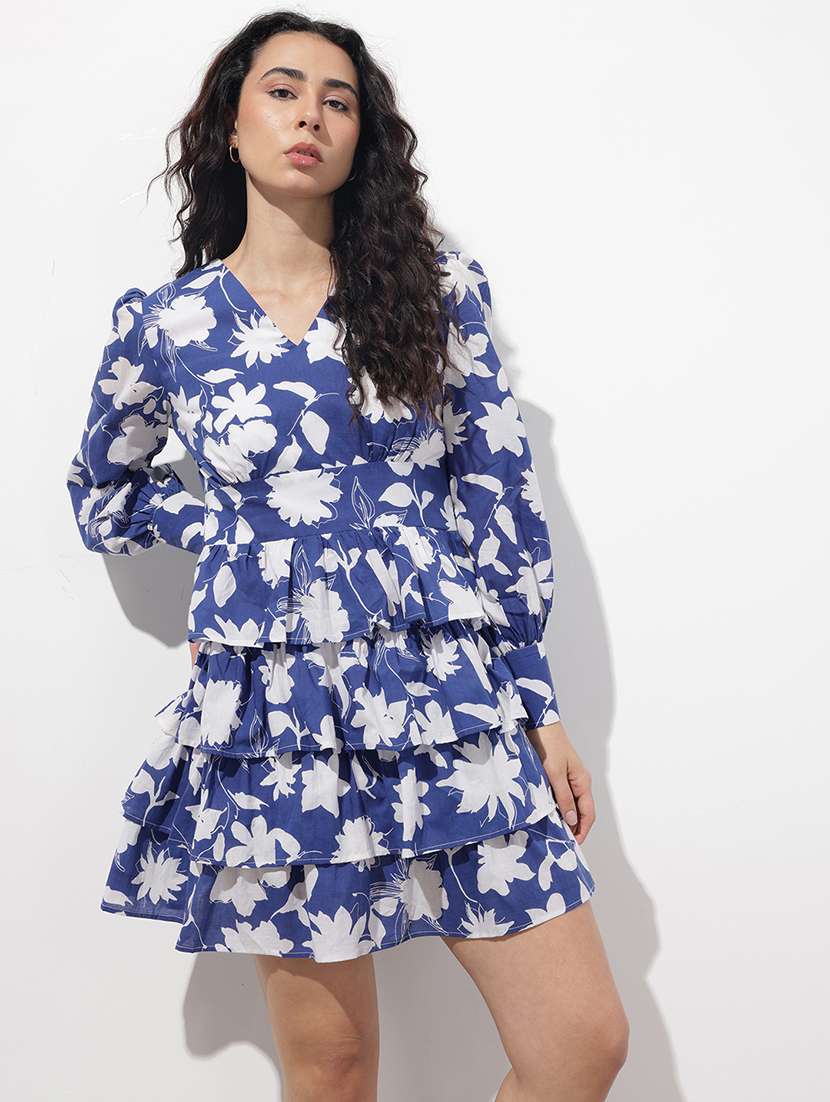 women floral print puff sleeve layered dress - 22376988 -  Standard Image - 2