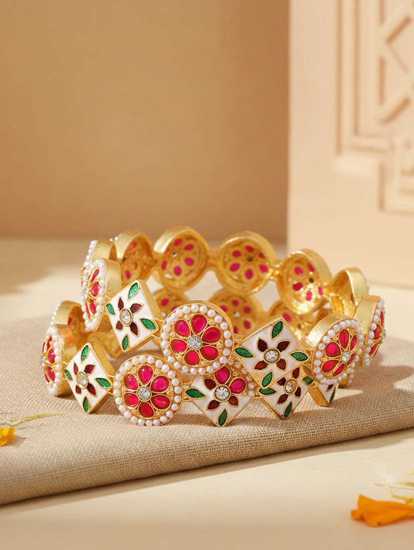 brass gold kudan meenakari thewa work bangle kada set for women
