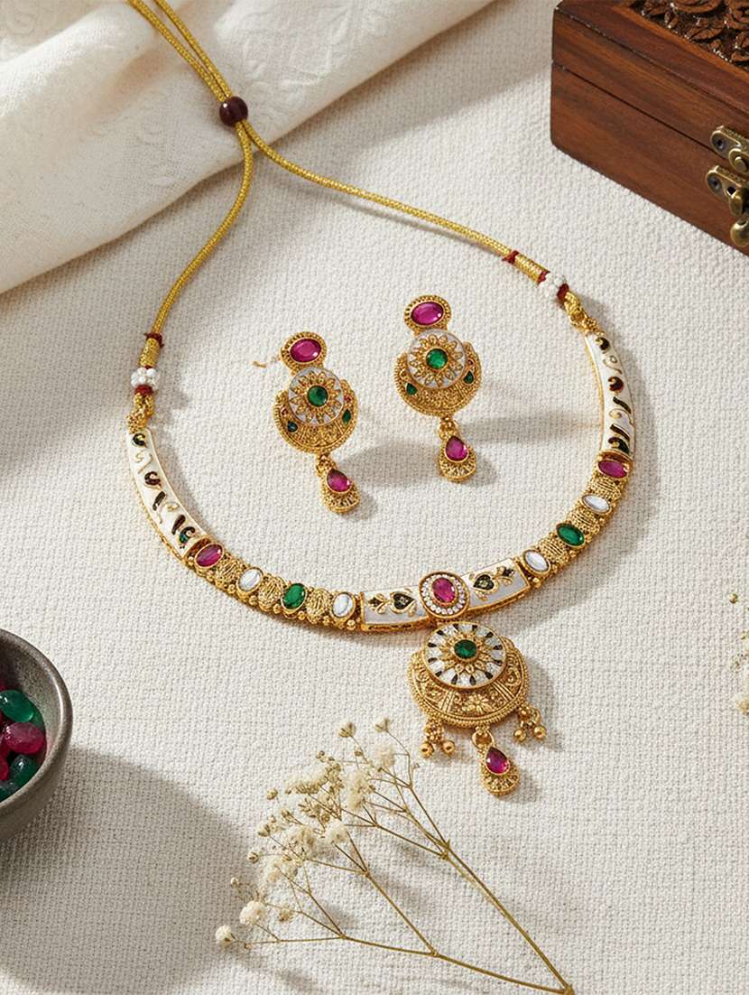 brass micron gold handmade thewa work necklace set f