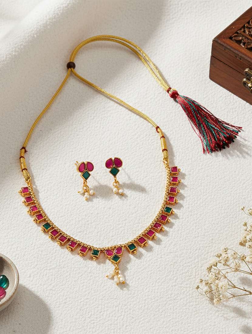 brass gold imitation ruby emerald necklace set