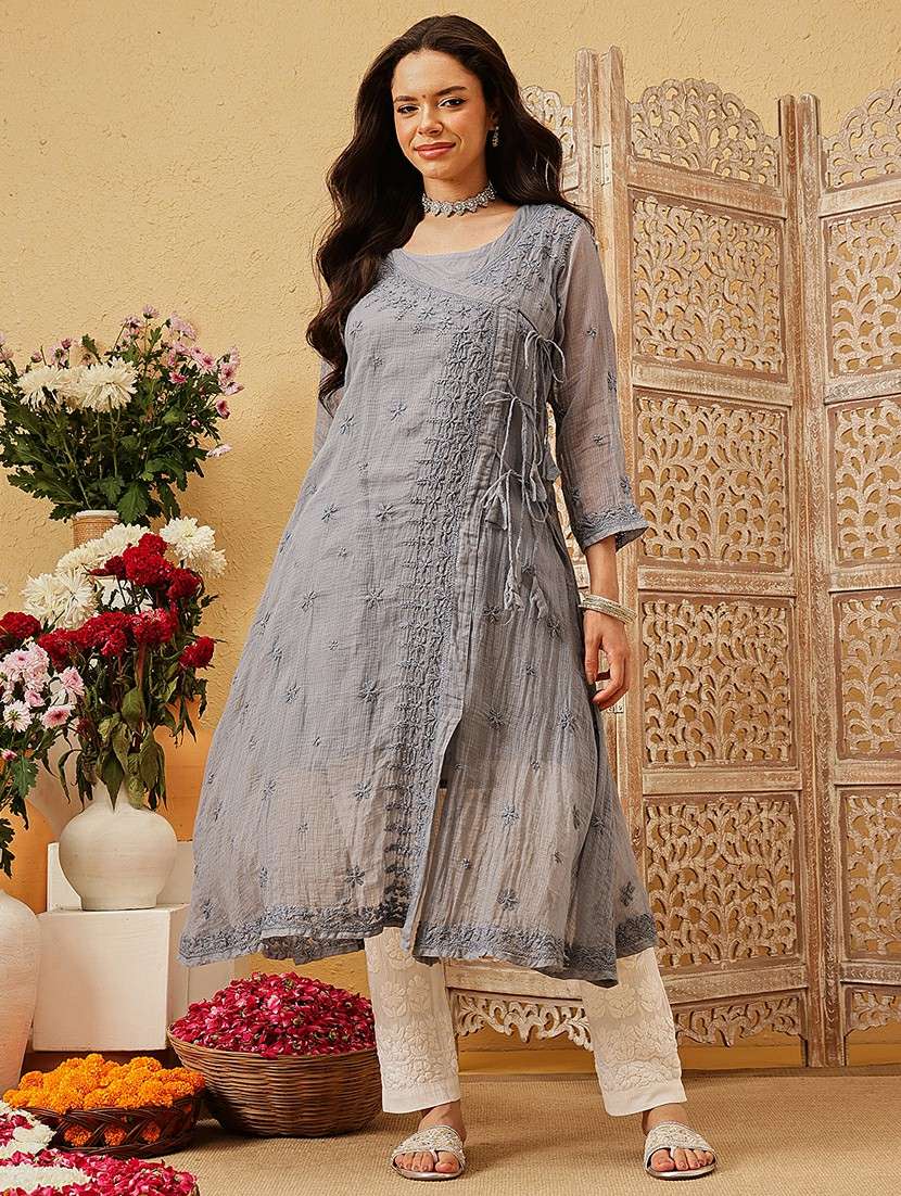 women chikankari three quarter sleeve angrakha kurta - 22377340 -  Standard Image - 2