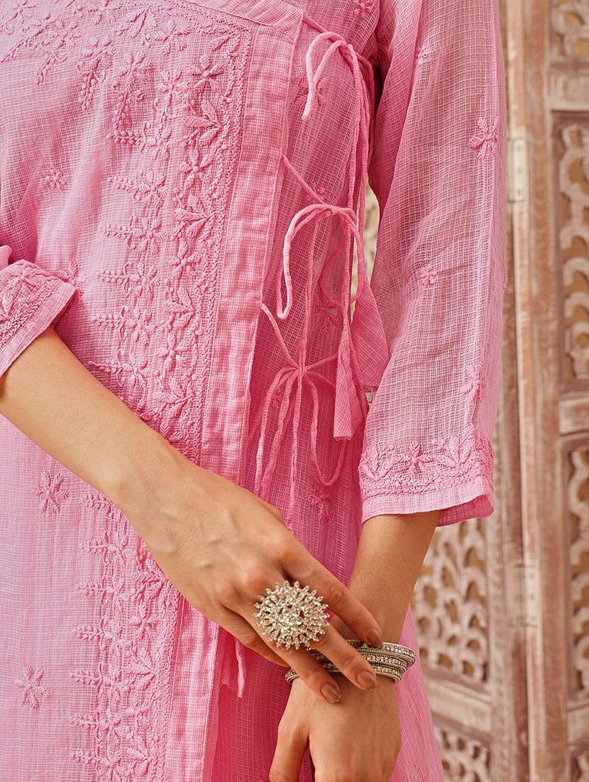 women chikankari three quarter sleeve angrakha kurta - 22377341 -  Standard Image - 7