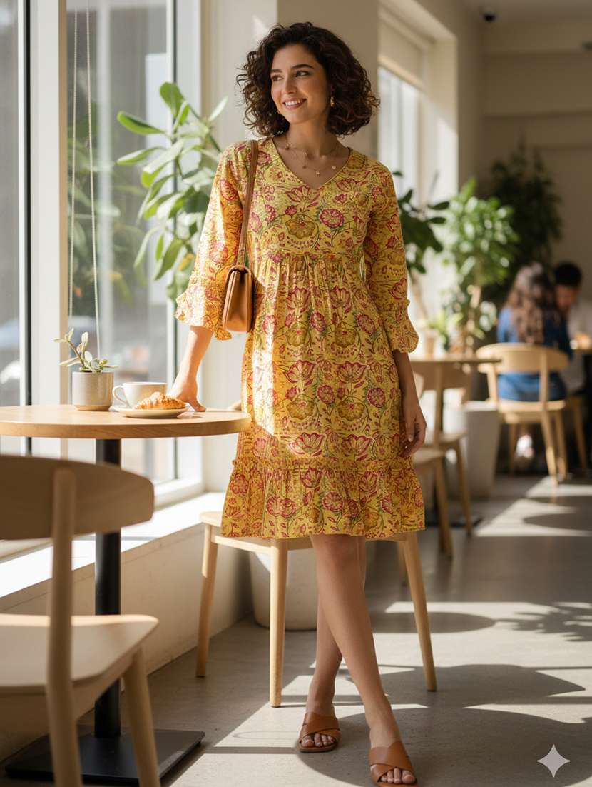 women floral bell sleeve ethnic dress