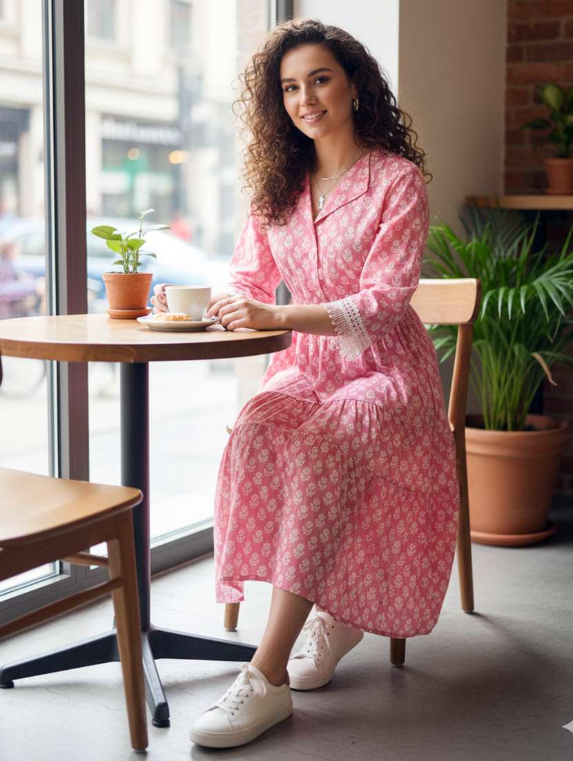 women printed three quarter sleeve ethnic dress