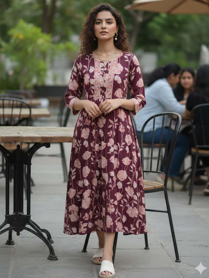 women floral three quarter sleeve ethnic dress