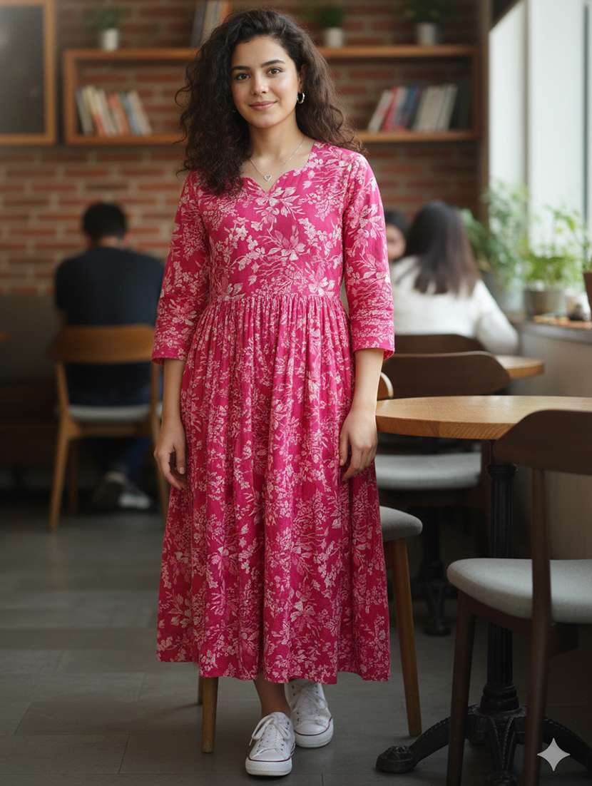 women floral three quarter sleeve ethnic dress
