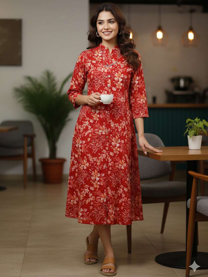 women floral three quarter sleeve ethnic dress