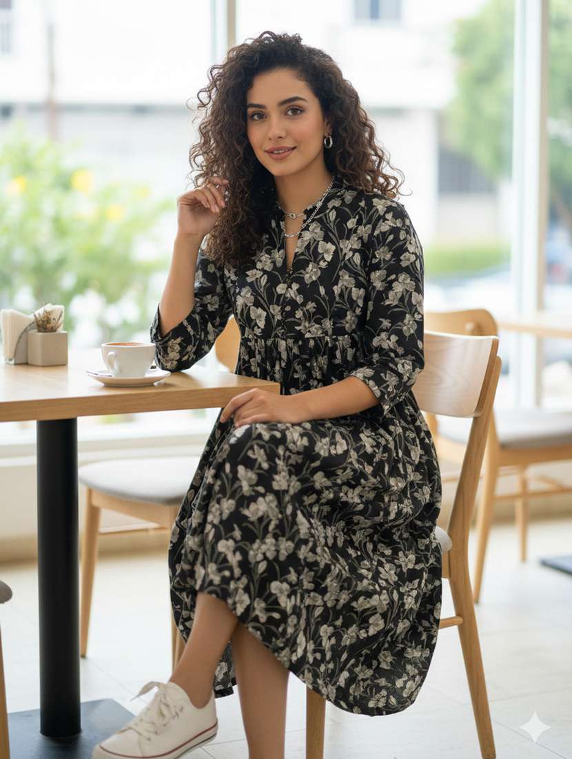 Women Floral Three Quarter Sleeve Ethnic Dress - 22377366 -  Standard Image - 2