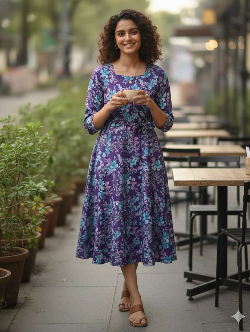 women floral three quarter sleeve ethnic dress