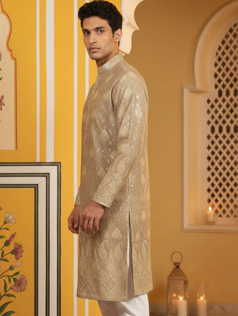 men embroidered mandarin collar long kurta - 22377475 -  Standard Image - 2