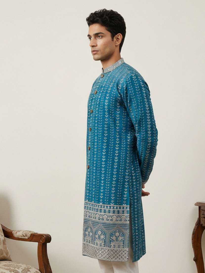 men embroidered mandarin collar long kurta - 22377478 -  Standard Image - 2