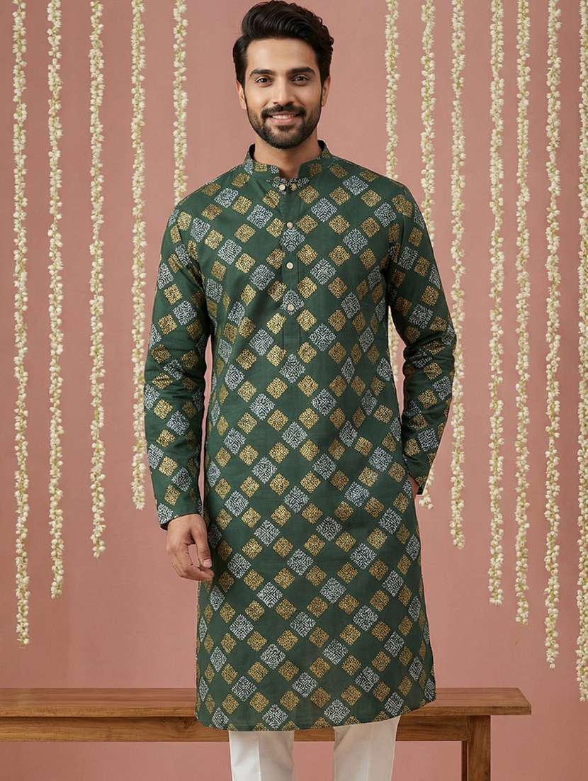 men printed mandarin collar long kurta