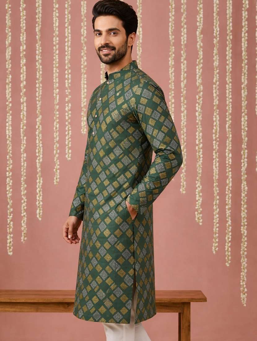 men printed mandarin collar long kurta - 22377491 -  Standard Image - 2