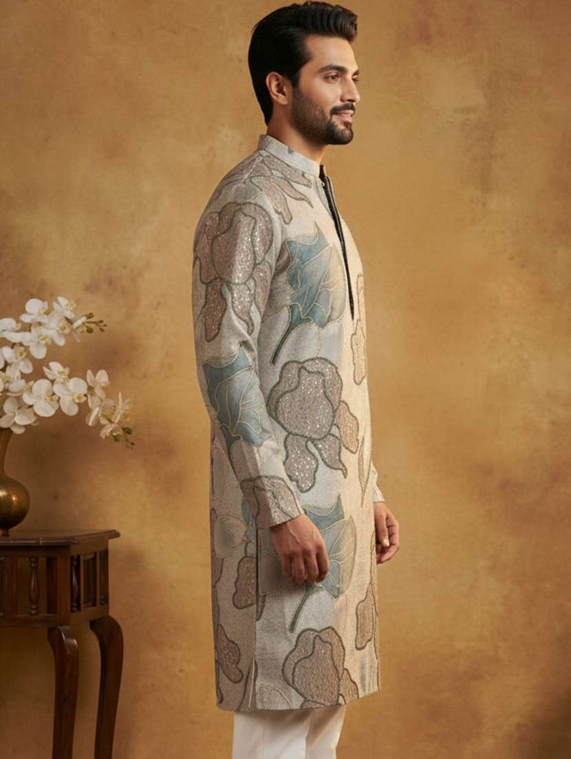 men embroidered mandarin collar long kurta - 22377495 -  Standard Image - 2