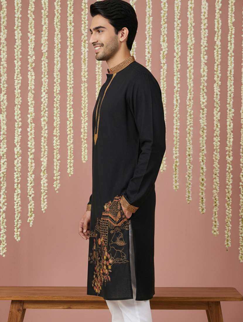 men embroidered mandarin collar long kurta - 22377496 -  Standard Image - 2